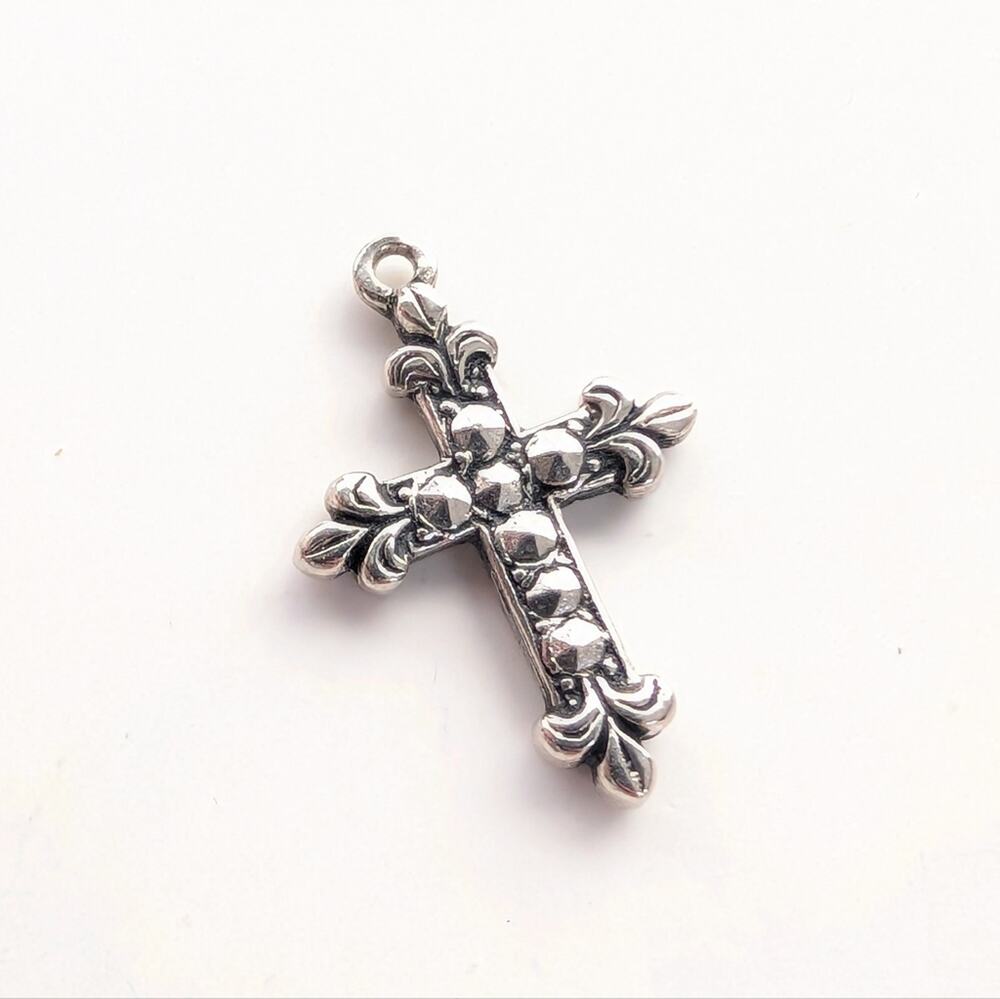 Vintage Ornate Silver Tone Marcasite Gothic Cross Bracelet Charm Mini Pendant